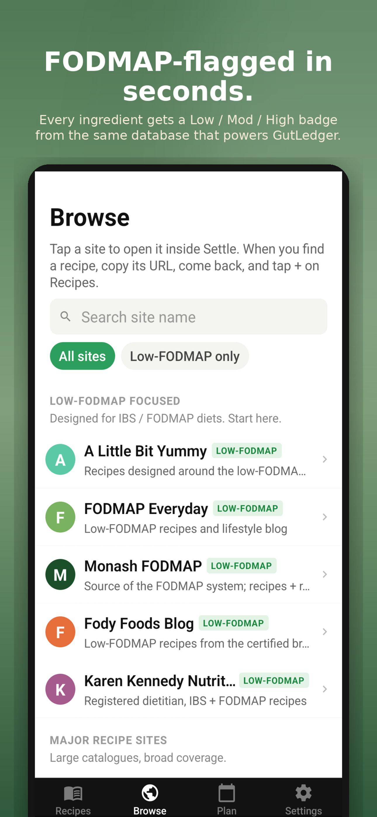 Browse tab - FODMAP-friendly recipe sites