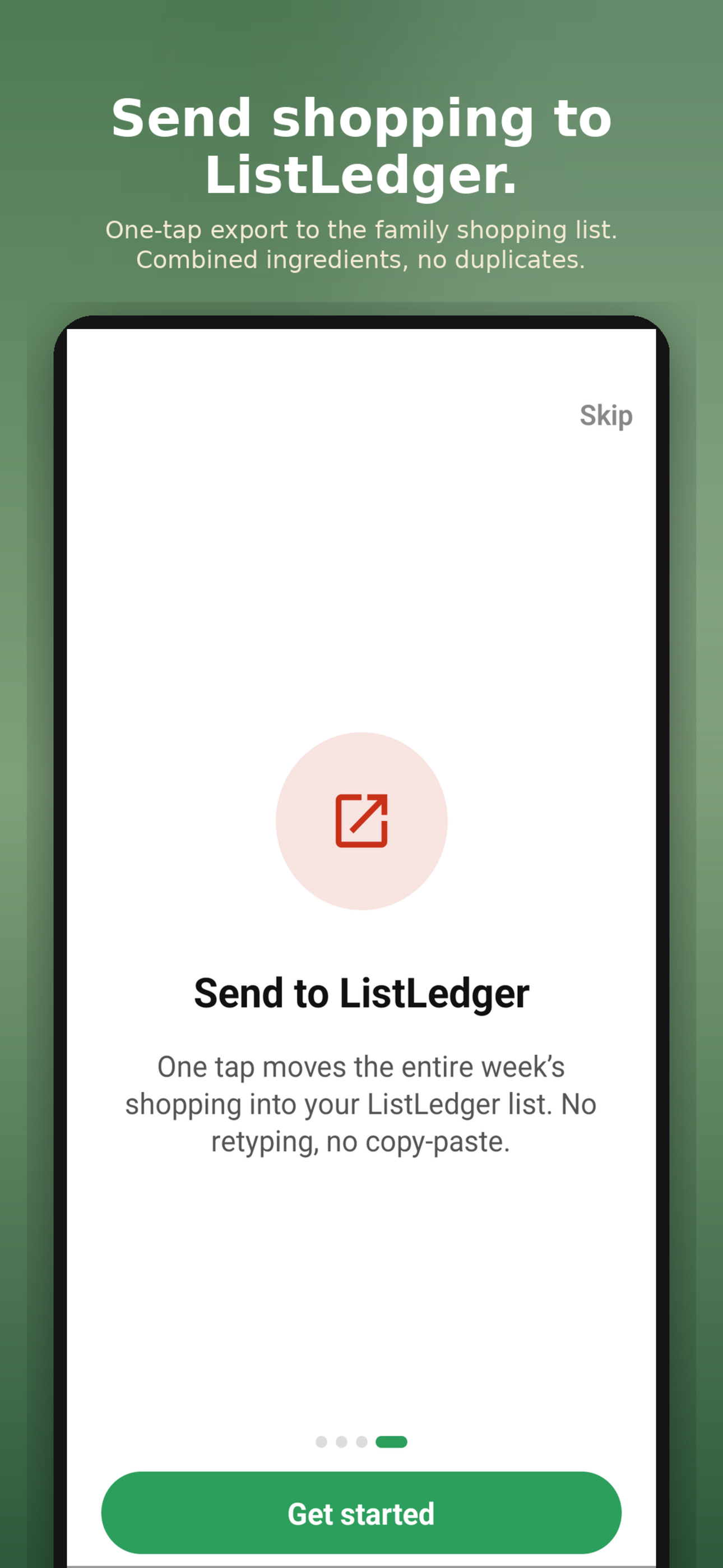 Onboarding: one-tap shopping list to ListLedger